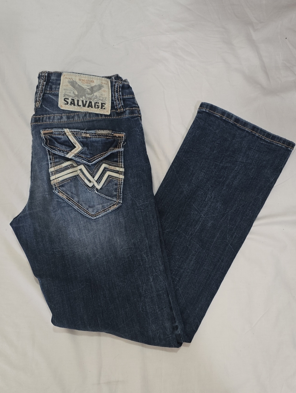 Salvage Men's Dark Blue Bootcut Jeans with White Pocket Accents